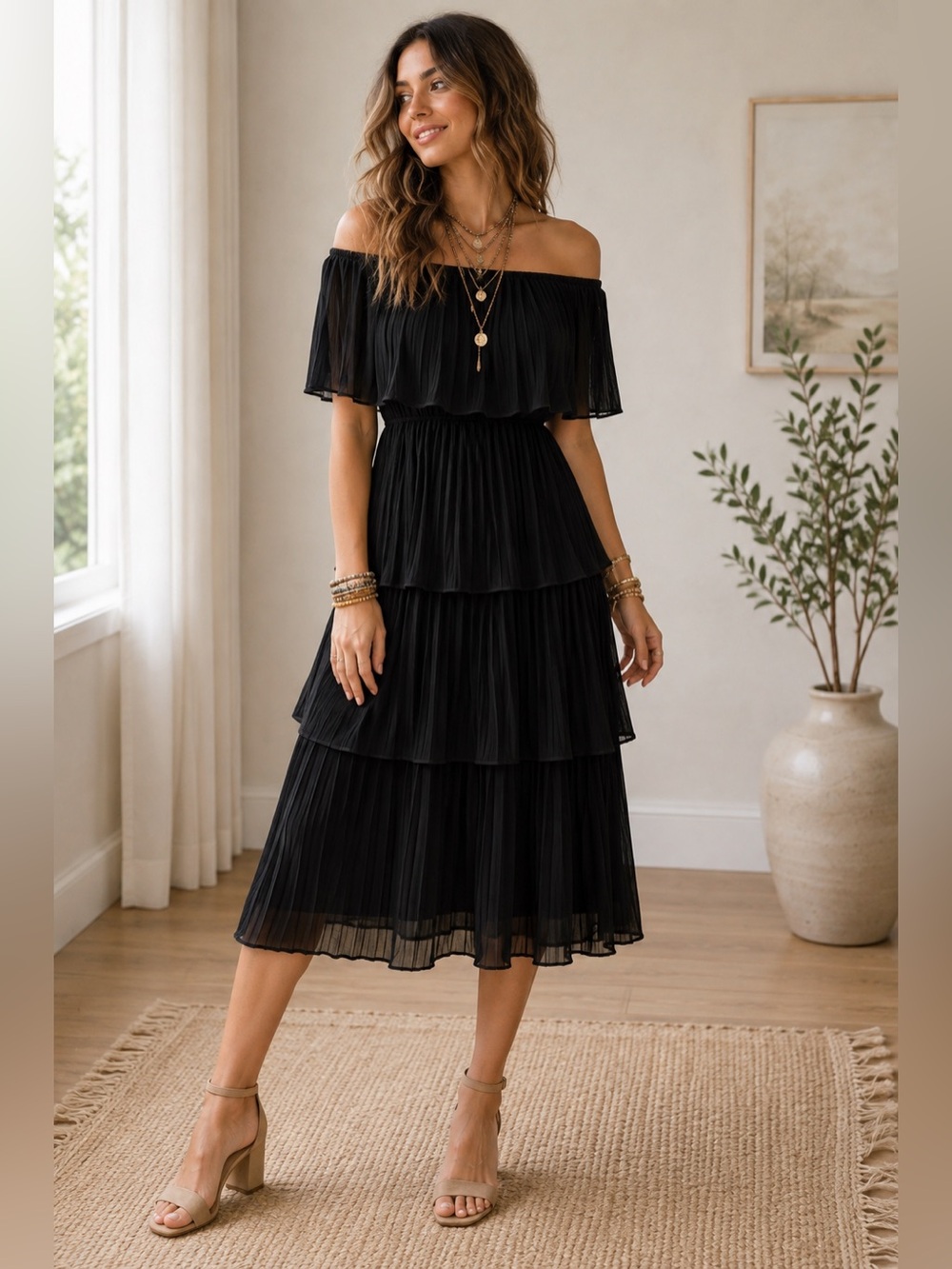 Black Off Shoulder L Ruffle Maxi Dress Tiered Chiffon Boho Flowy Cocktail Party